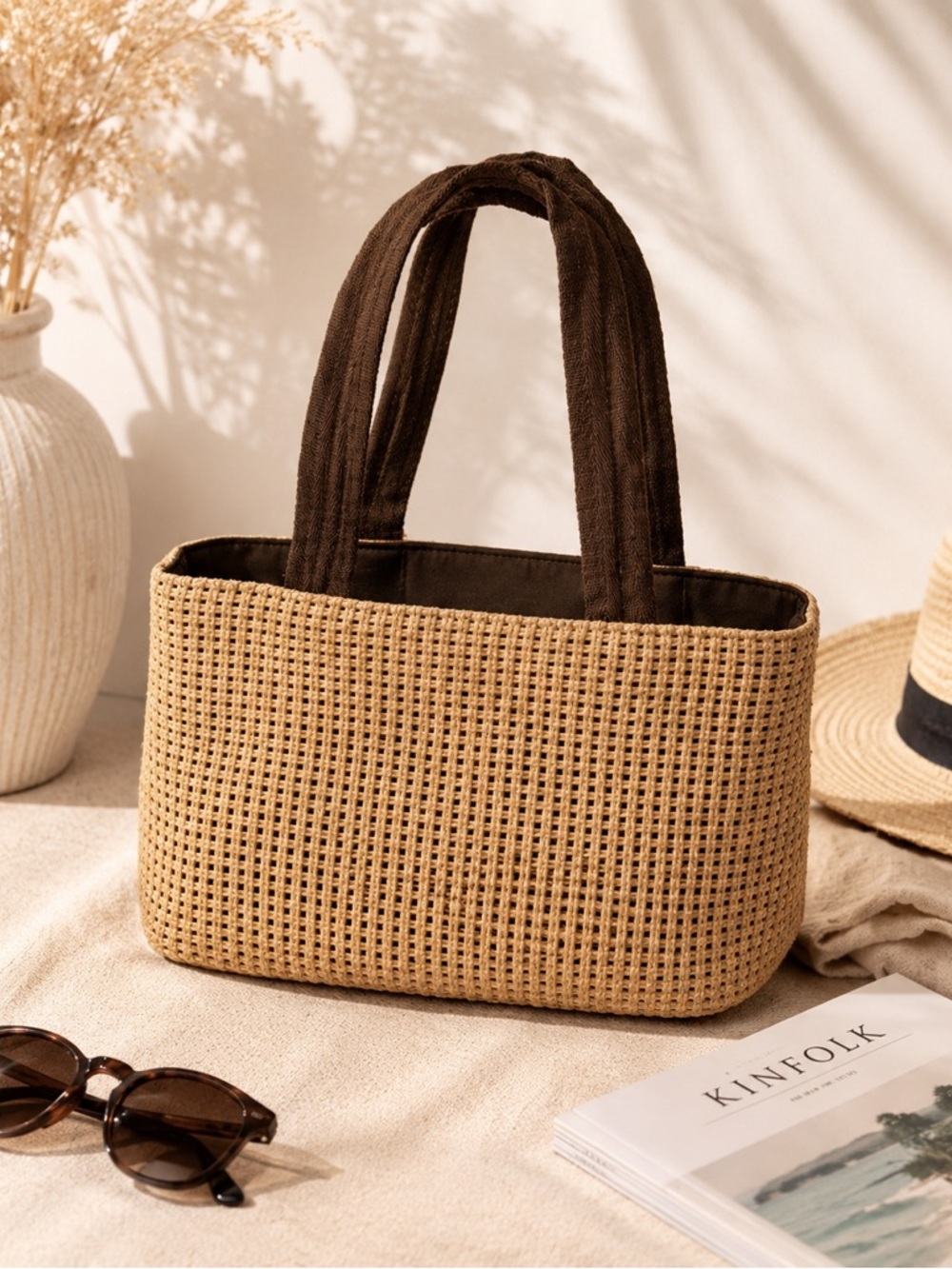 Mondani Woven Straw Tote Bag Tan Beach Summer Boho Handbag Brown Handles